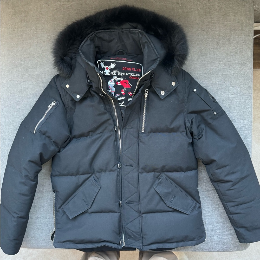 (SOLD) Moose knuckle winter coat with fur hood.Price is firm